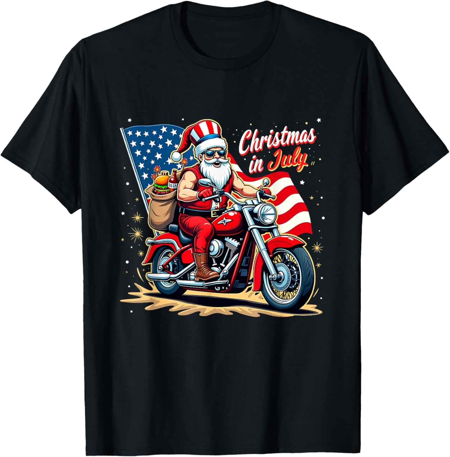 Christmas in July Biker Santa American Funny Summer Holiday T-Shirt