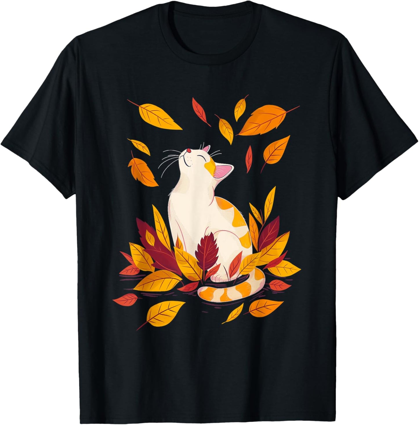 Cat Fall Leaf Tree Hello Autumn Thanksgiving T-Shirt