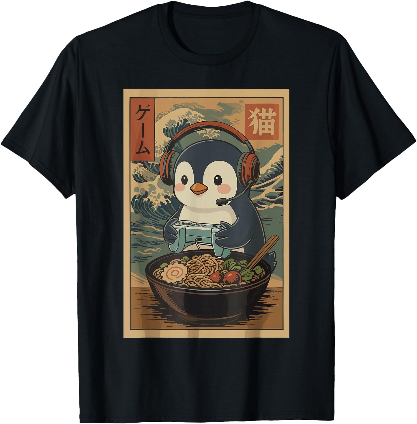 Kawaii Japanese Ramen Penguin Retro Gaming Shirts for Men