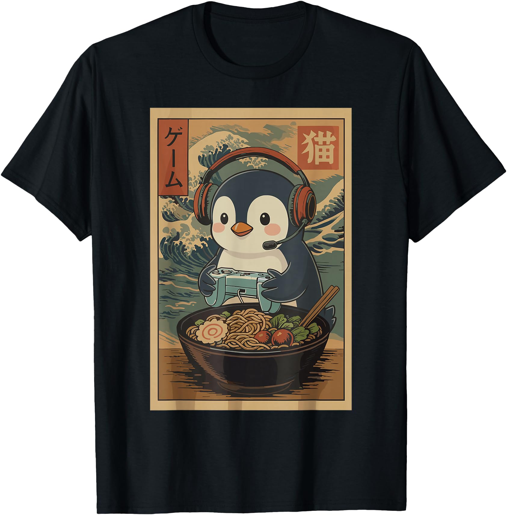 Kawaii Japanese Ramen Penguin Retro Gaming Shirts for Men