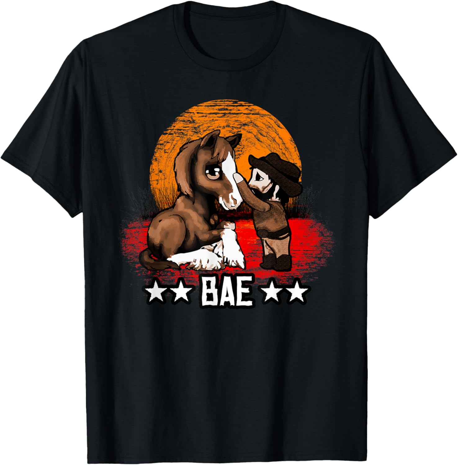 Red Horse Sunset T-Shirt - Cute Bae Chibi Cowboy Kid