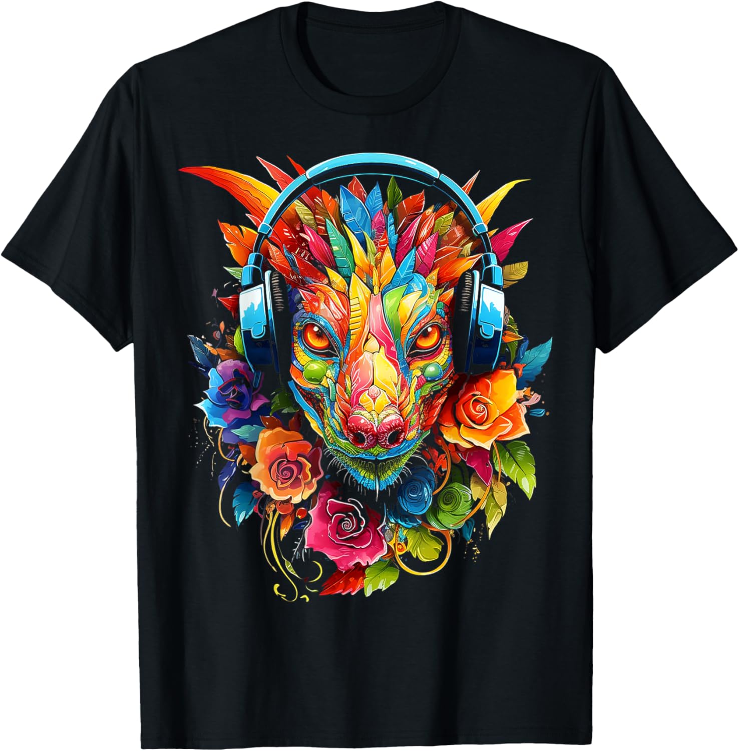 Dragon Headphones Art Colorful Flowers Graphic Anime