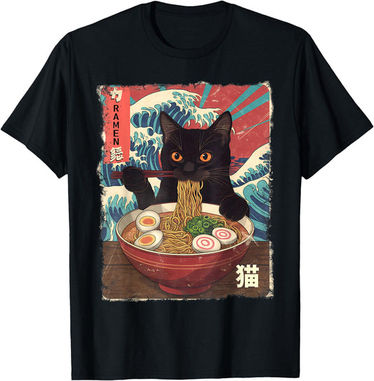 Angry Cat Eating Ramen Noodles Ocean Waves Japanese Art
