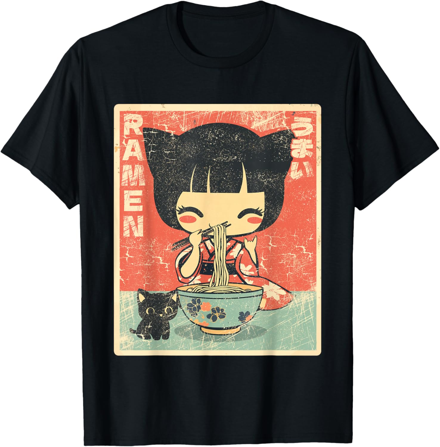 Japanese Kawaii Chibi Girl with Cat Ears Eating Ramen