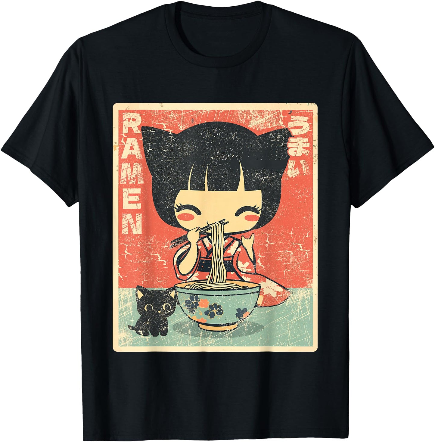 Japanese Kawaii Chibi Girl with Cat Ears Eating Ramen