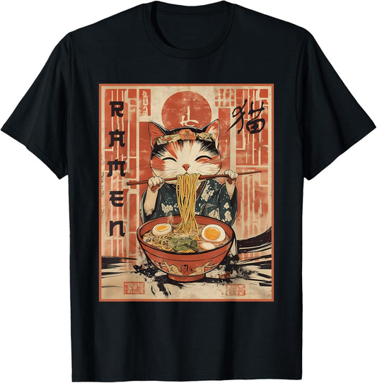 Cat Ramen Japanese Funny Graphic Kawaii Cat Anime T-Shirt - Unisex-Adult, Anime, Christmas, Black, Small, Short Sleeve,