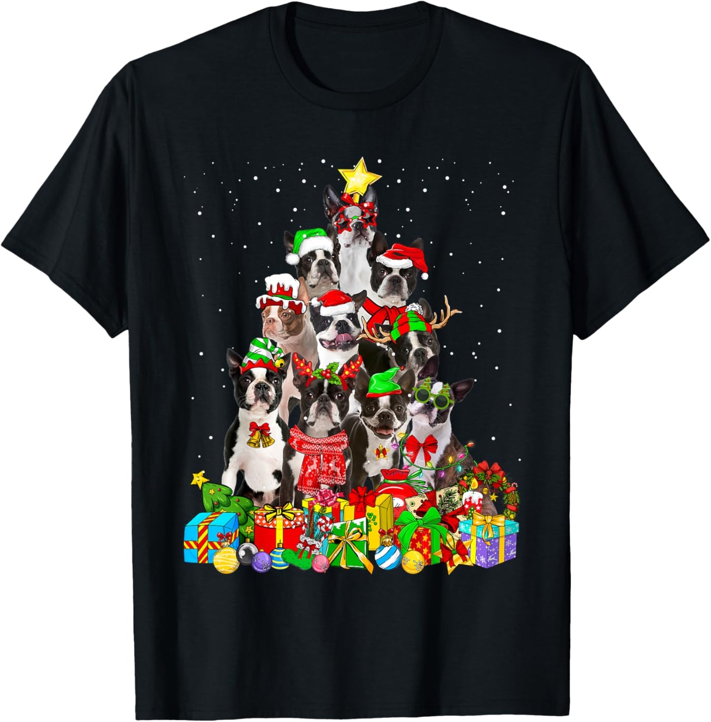 Funny Boston Terrier Dog Christmas Tree Lights Xmas Pajama T-Shirt for Men Women Kids