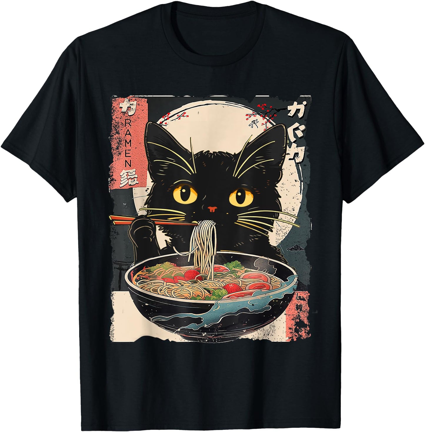 Kawaii Cat Ramen Noodles Anime Gifts Funny Cat Eating Ramen Vintage Japanese Noodles Unisex-Adult T-Shirt, Black, Small, Short Sleeve, T-Shirt, All Seasons