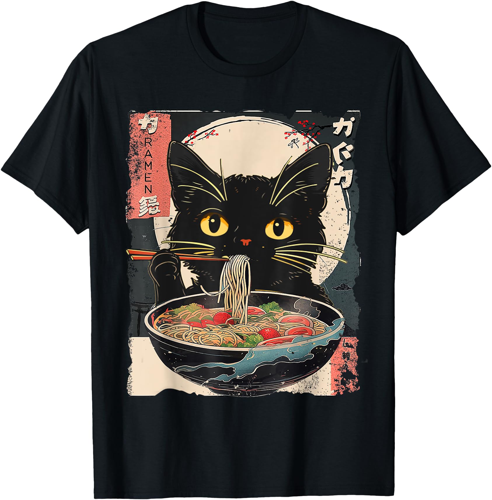 Kawaii Cat Ramen Noodles Anime Gifts Funny Cat Eating Ramen Vintage Japanese Noodles Unisex-Adult T-Shirt, Black, Small, Short Sleeve, T-Shirt, All Seasons