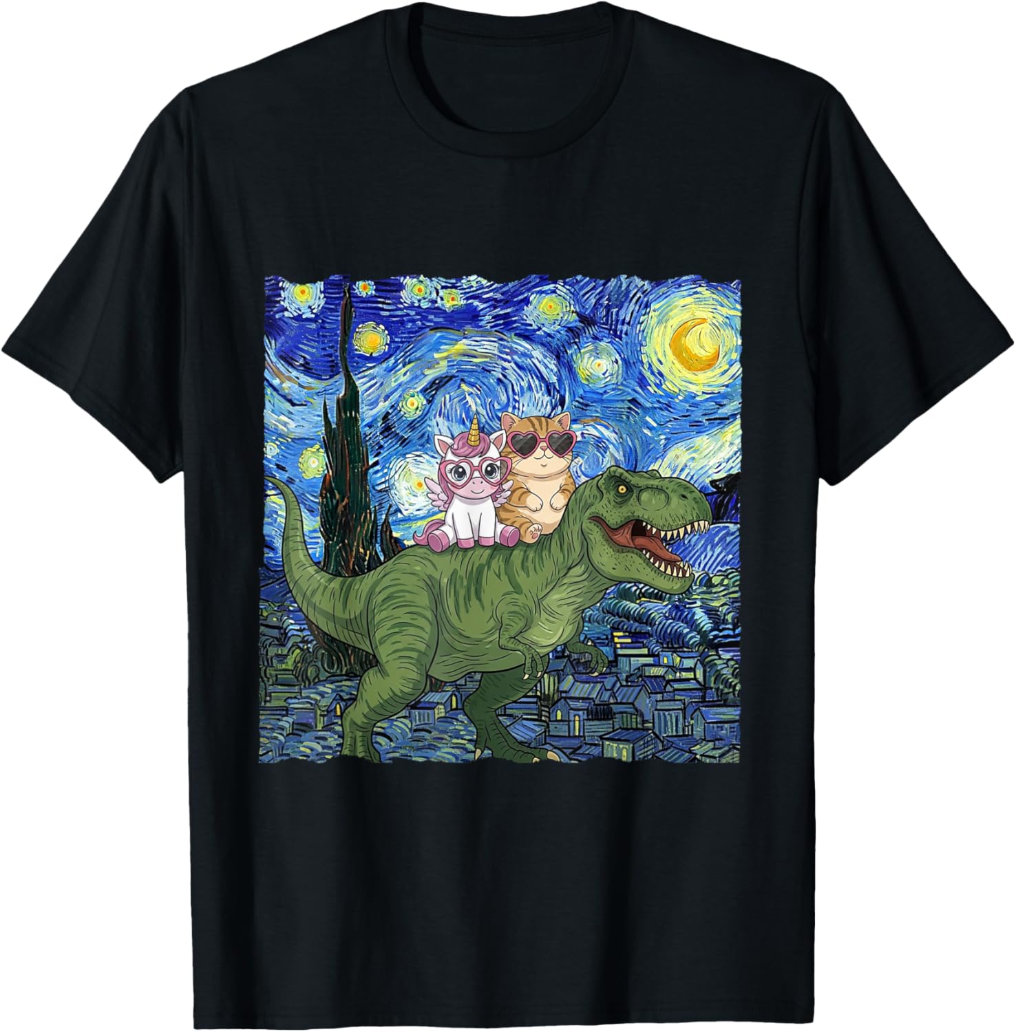 Cat Unicorn Riding Dinosaur T rex Kitten Lover Starry Night T-Shirt for Men Women Kids