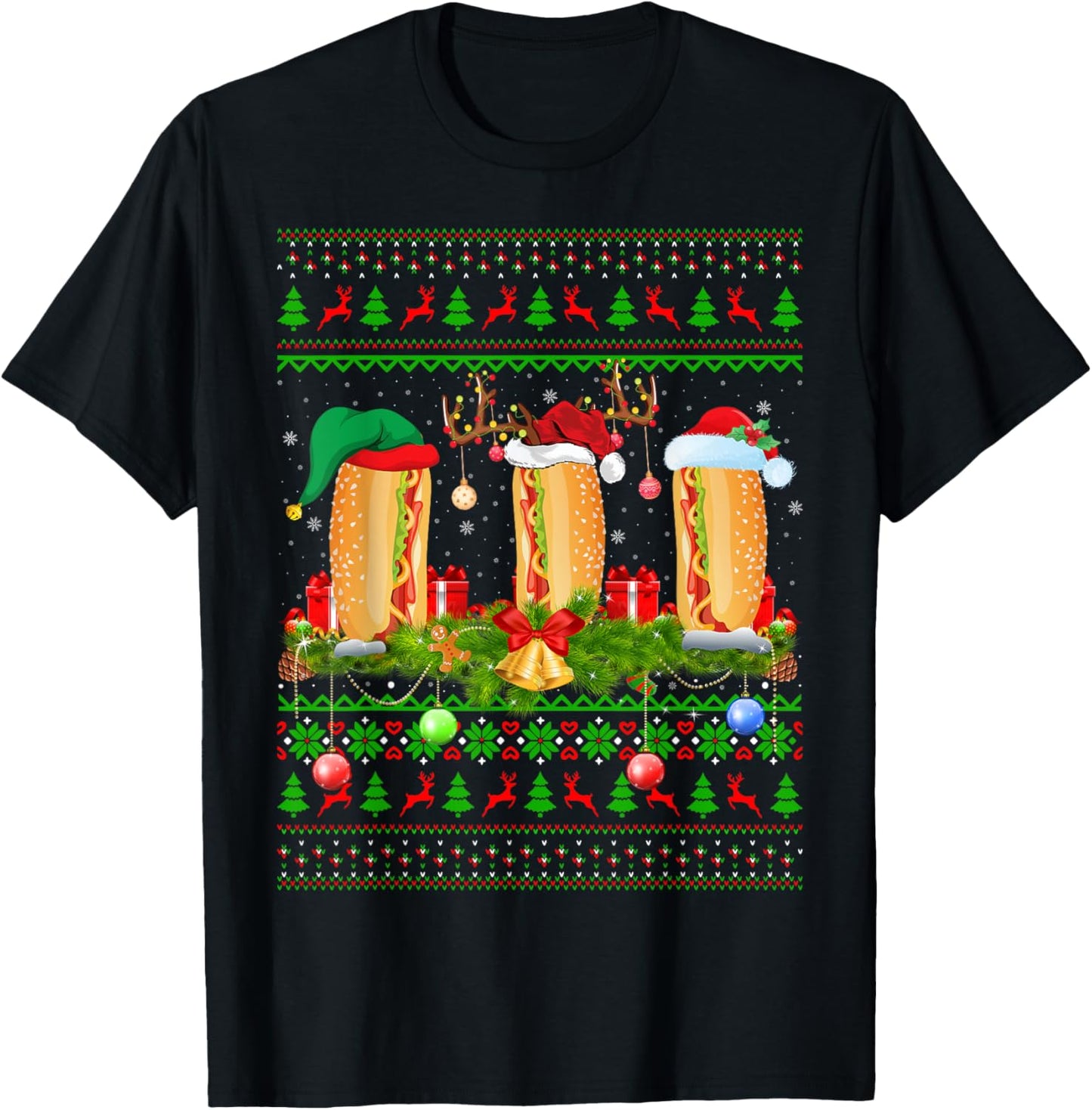 Hot Dog Dish Lover Xmas Santa Ugly Hot Dog Christmas T-Shirt for Men Women Kids