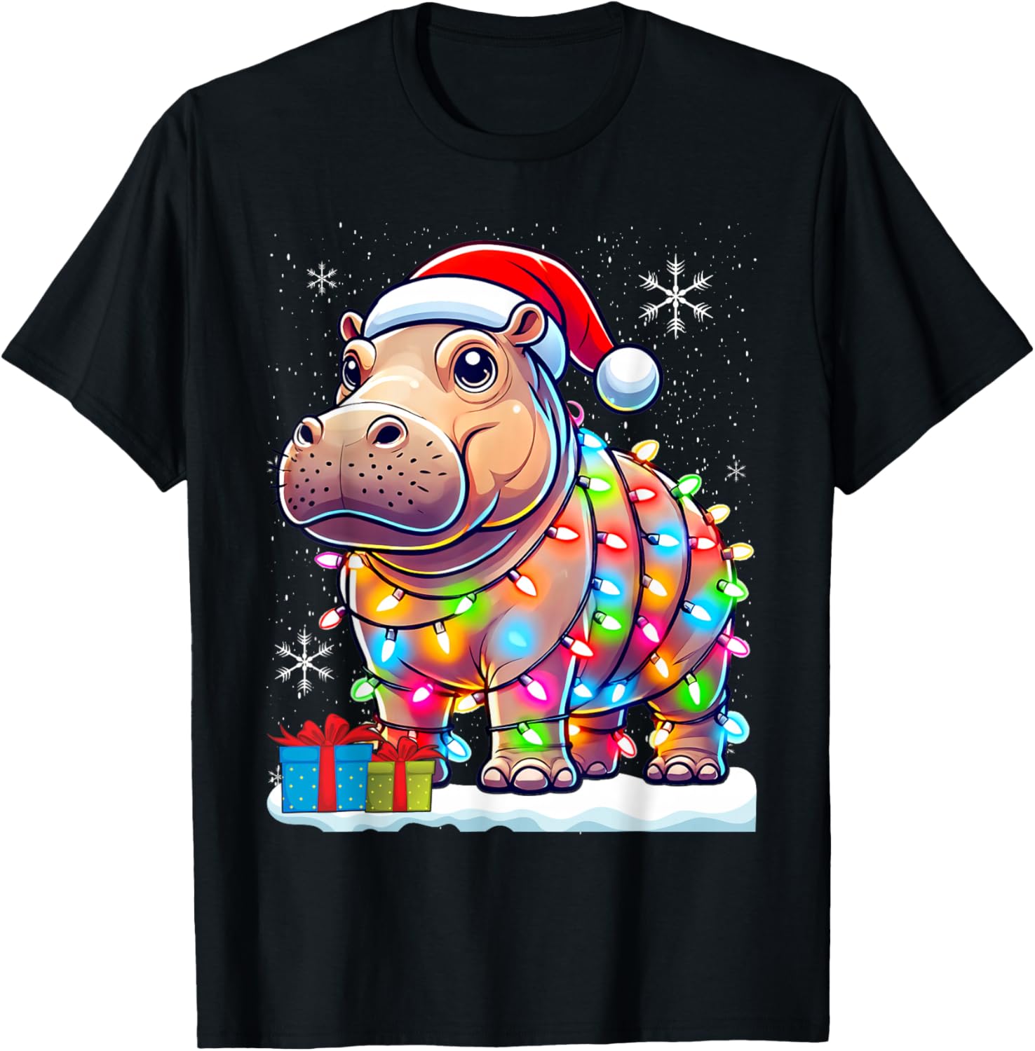 Hippo Lover Gift Co. Christmas Lights Fiona Unisex-Adults & Kids T-Shirt, Black, Small, Short Sleeve