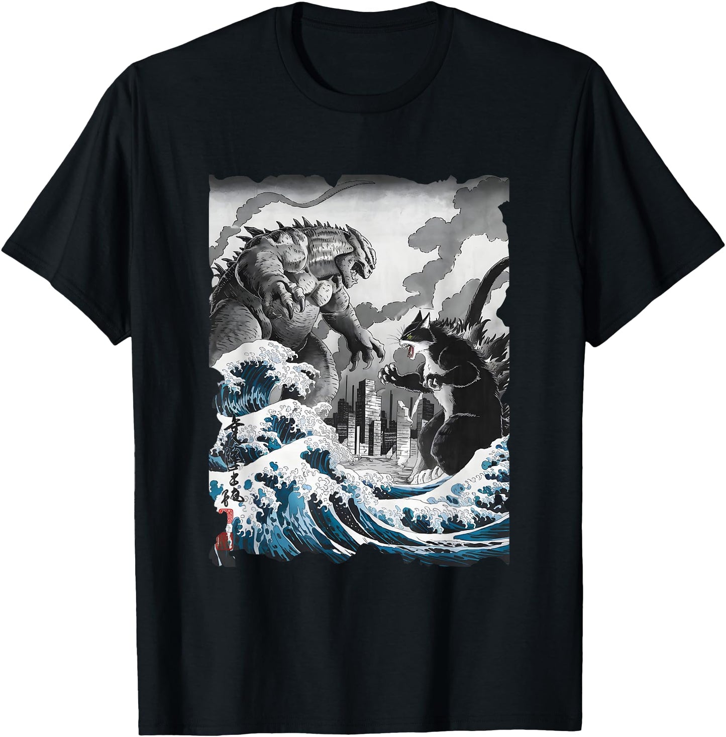 Kaiju Vs. Catzilla Sumi-e - Vintage Kanagawa Japanese Art