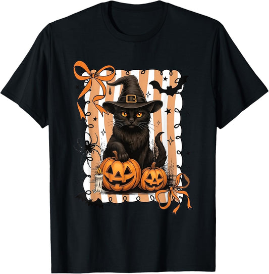 Cat Pumpkin Halloween Retro Coquette Bow Spooky Season T-Shirt