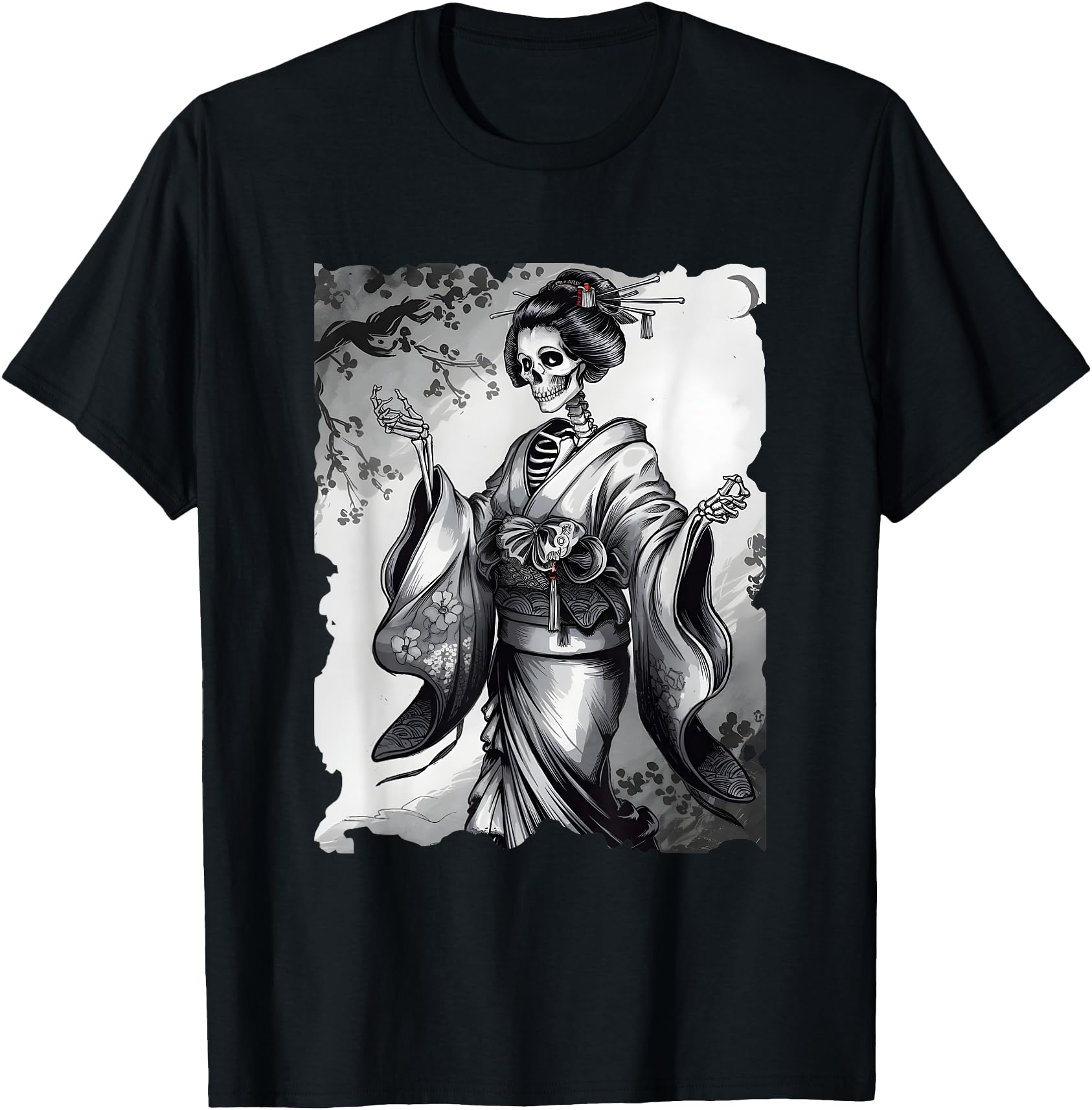 Skeleton Geisha Japanese Art - Vintage Creepy Geisha Sumi-e
