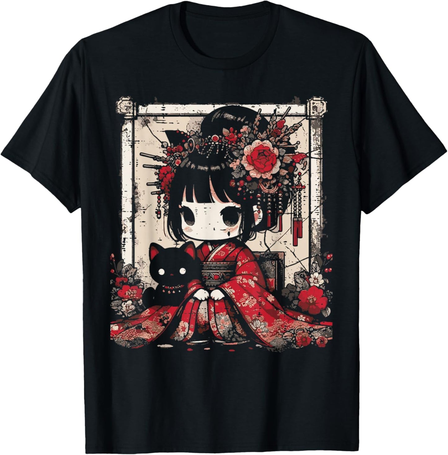 Chibi Kimono Girl Black Cat Flowers Japanese Art Women Kids