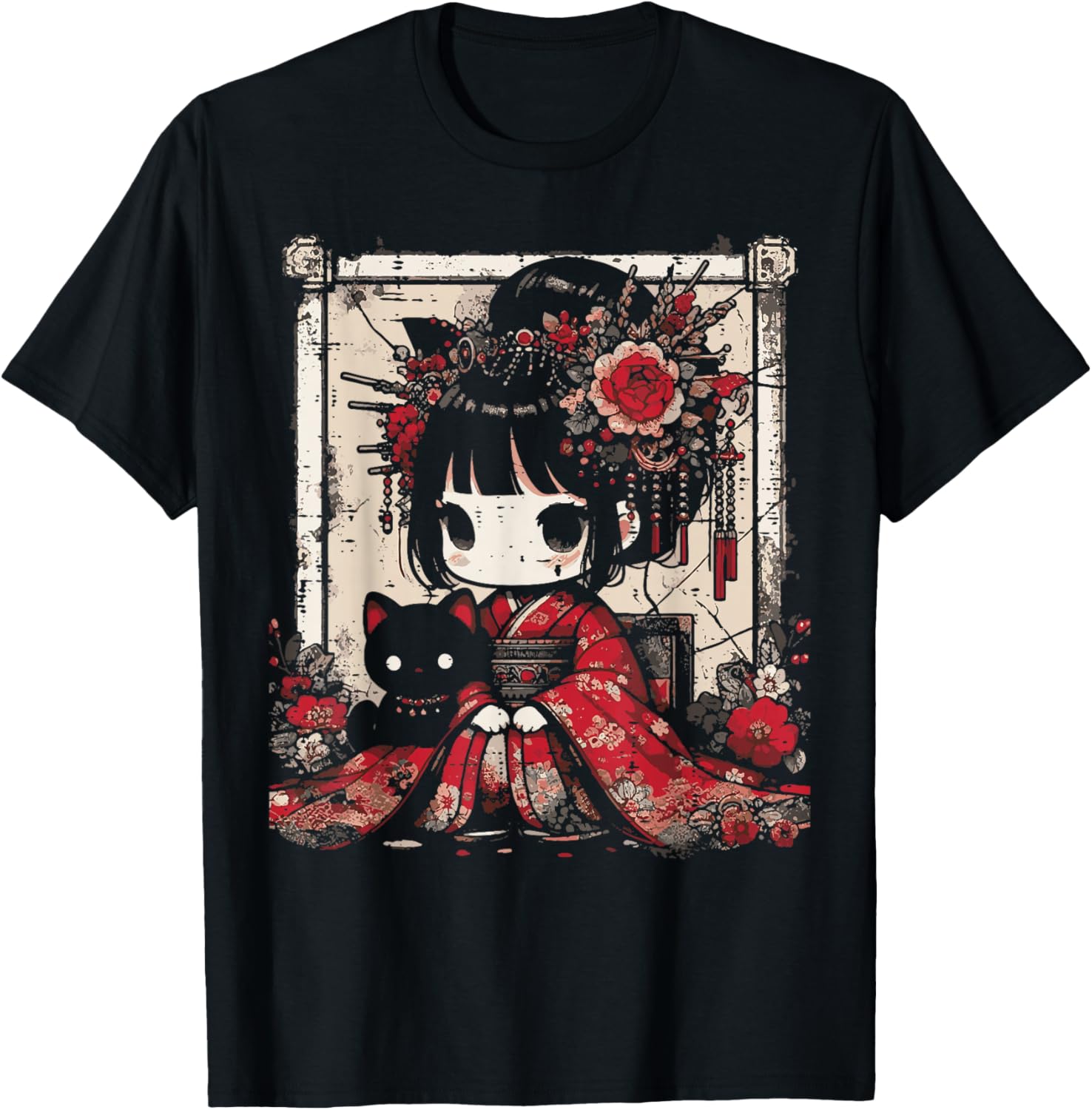 Chibi Kimono Girl Black Cat Flowers Japanese Art Women Kids