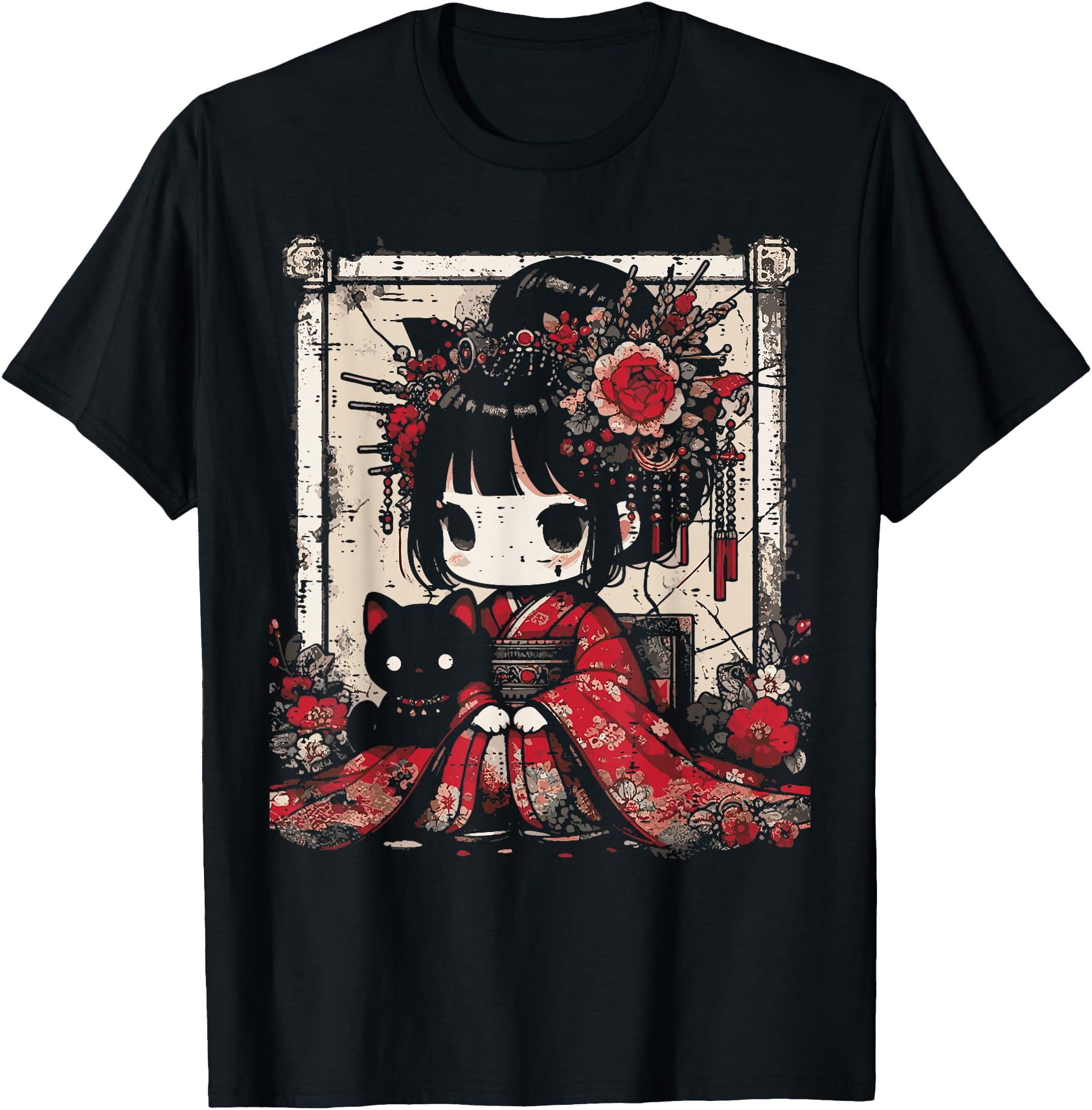 Chibi Kimono Girl Black Cat Flowers Japanese Art Women