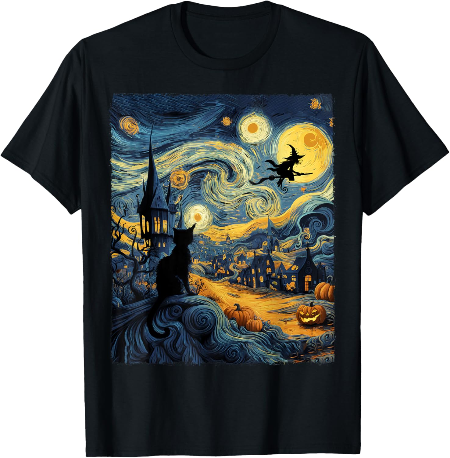 Cat Halloween Van Gogh Starry Night Pumpkin Gifts Men Women T-Shirt