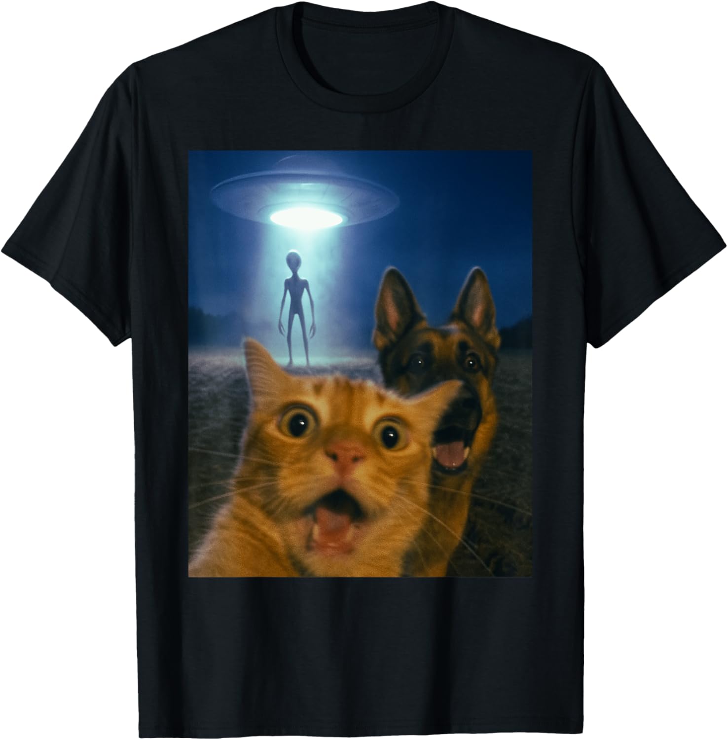 Cat and Dog Alien Selfie UFO Abduction Night Scene Funny