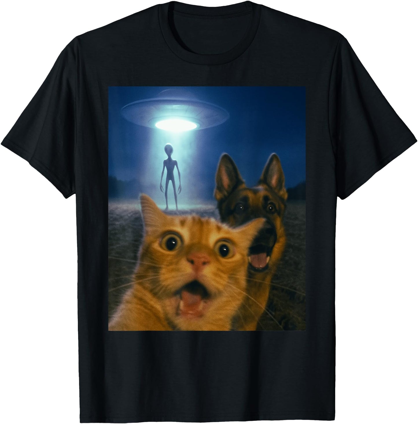 Cat and Dog Alien Selfie UFO Abduction Night Scene Funny