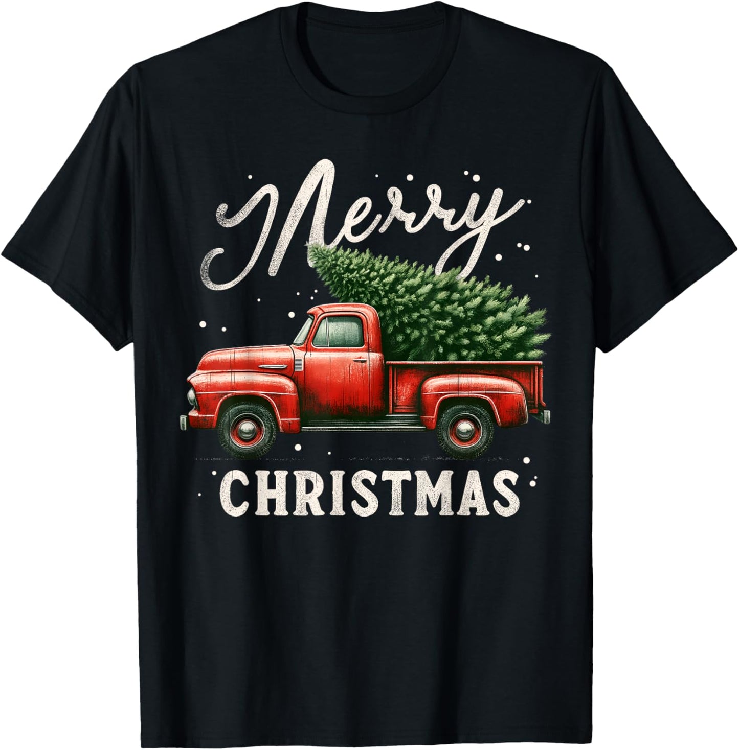 Merry Christmas Tree On Red Truck Wagon Vintage Xmas