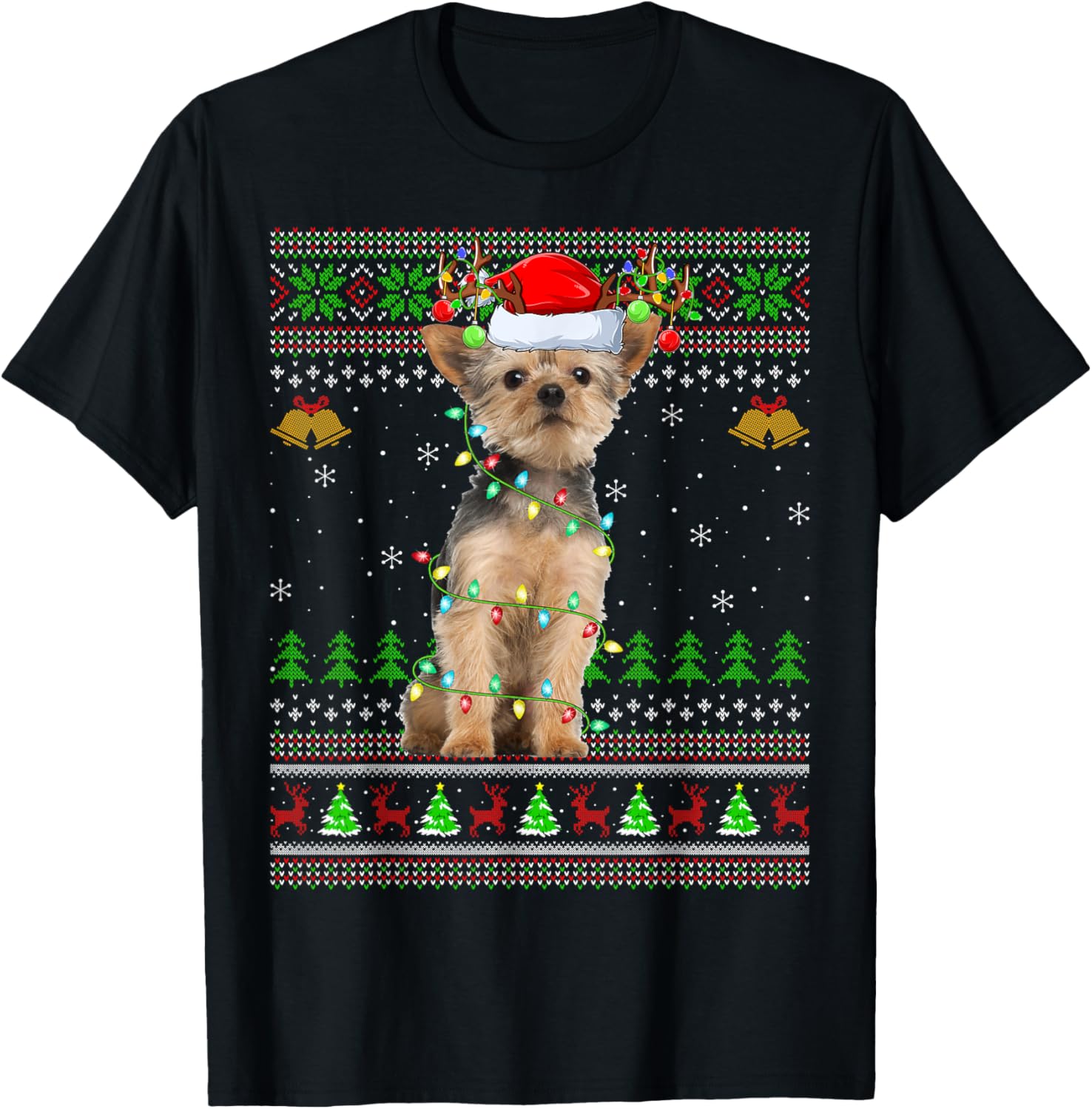 Ugly Sweater Xmas Lights Santa Hat Yorkie Dog Christmas