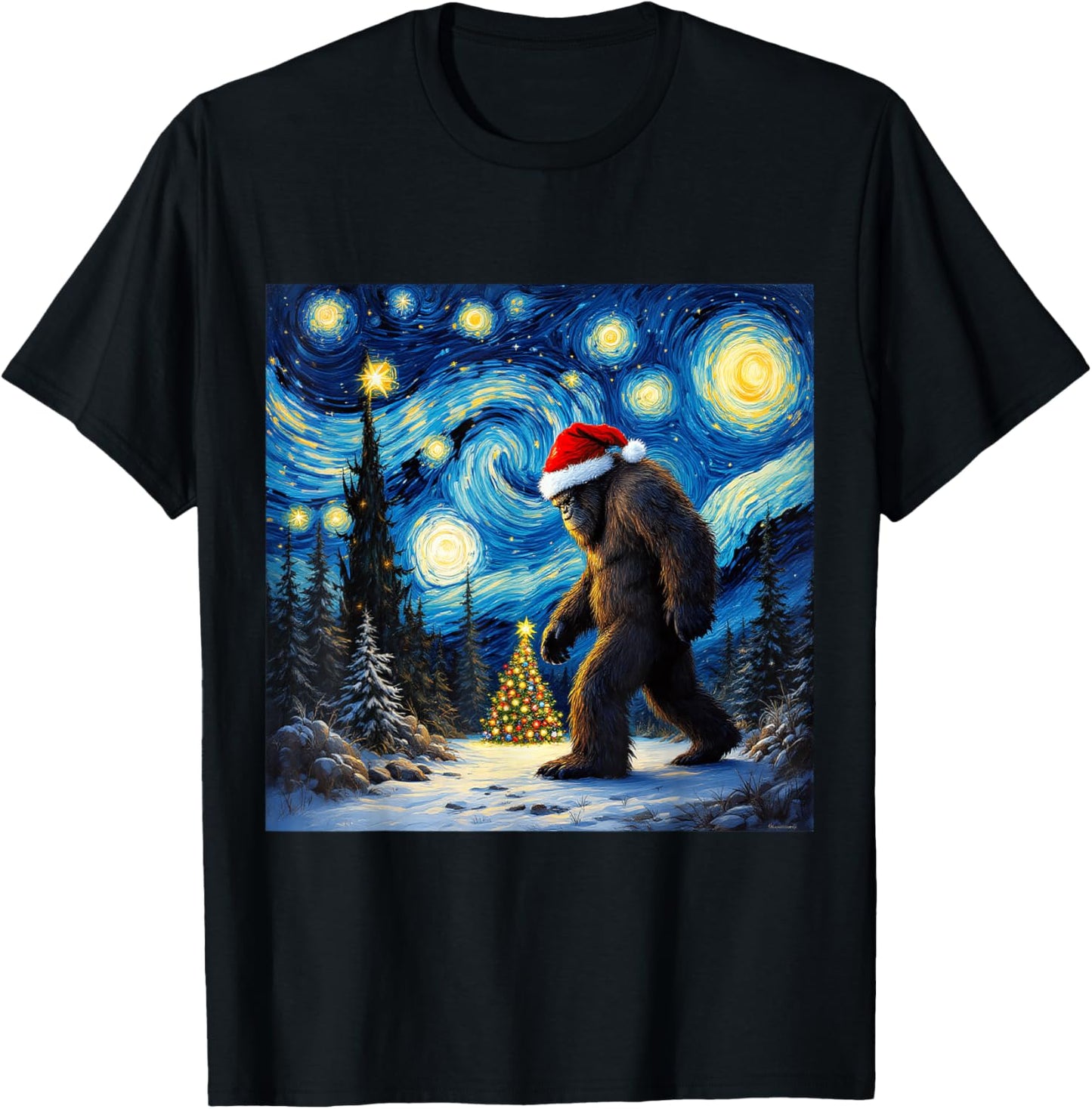 Christmas Bigfoot Santa Hat Van Gogh Starry Night Holiday