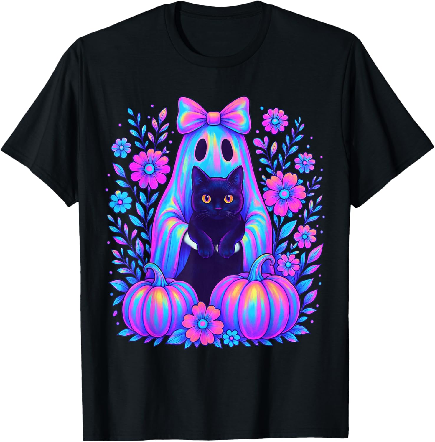 Colorful Halloween Ghost Holding Black Cat Bow Spooky Women