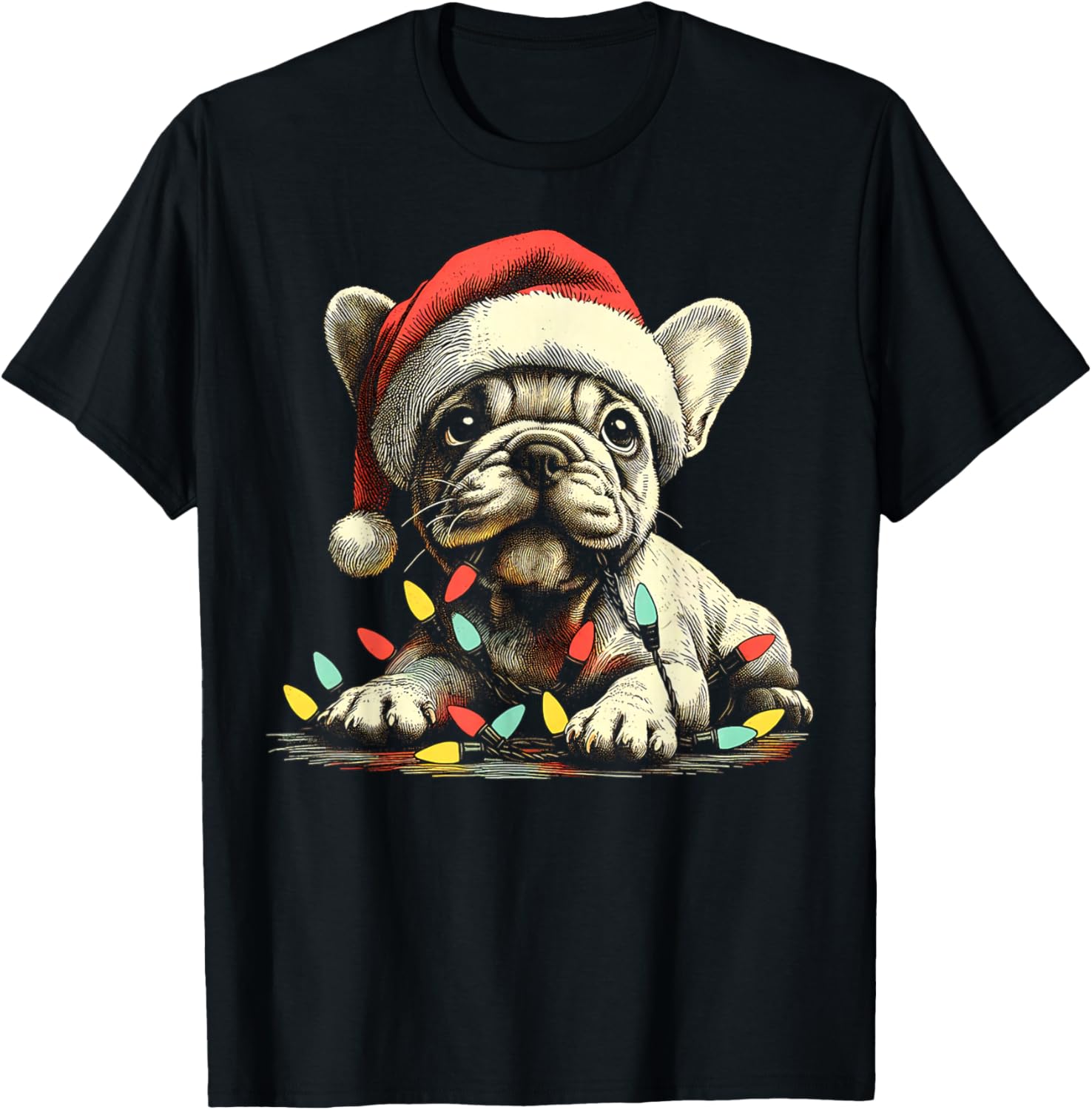 French Bulldog Chew Christmas Light Frenchie Xmas Holiday T-Shirt for Men Women Kids