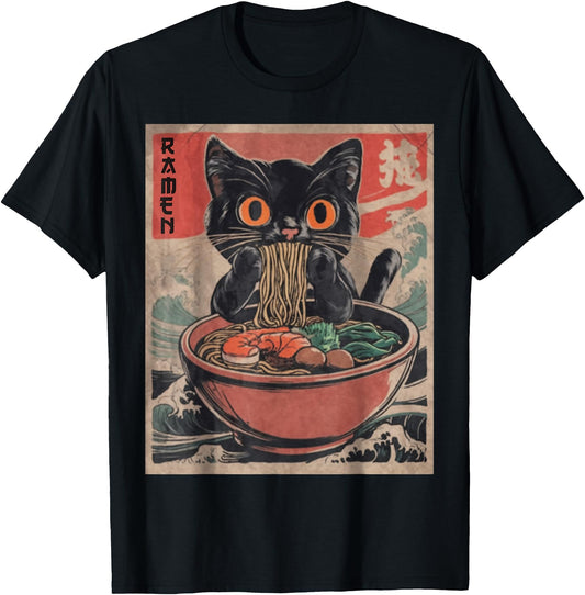 Cat Ramen Japanese Funny Graphic Tees Kawaii Cat Anime Gifts