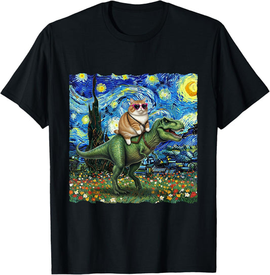 Cat Riding Dinosaur T-Rex Starry Night Van Gogh Cat Lover T-Shirt