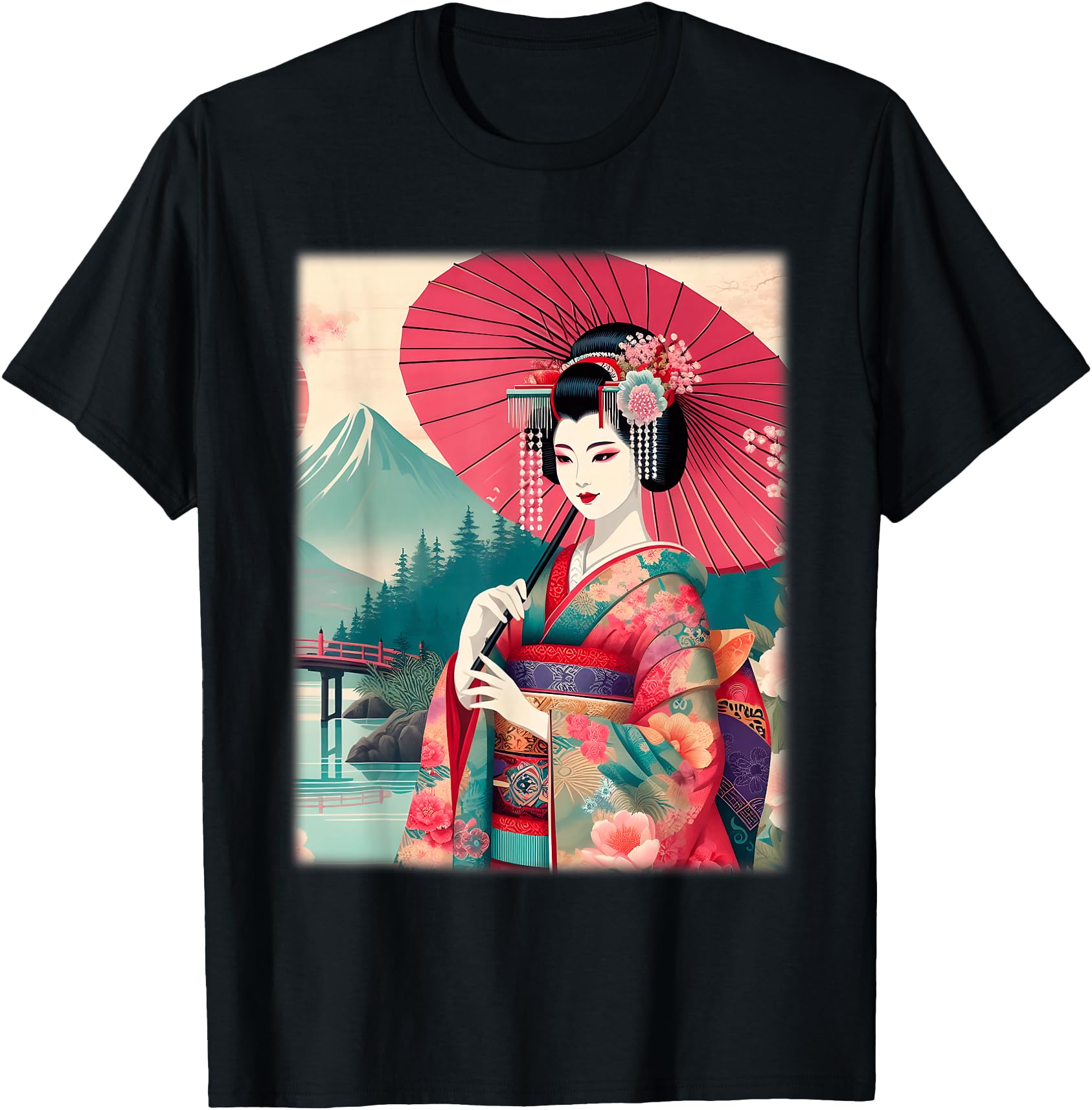 Japanese Geisha Shirt Women Traditional Hanami Woodblock Art