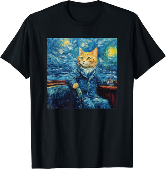 cat painting for lover art starry night sky kitten Van Gogh Men Women Kids T-Shirt