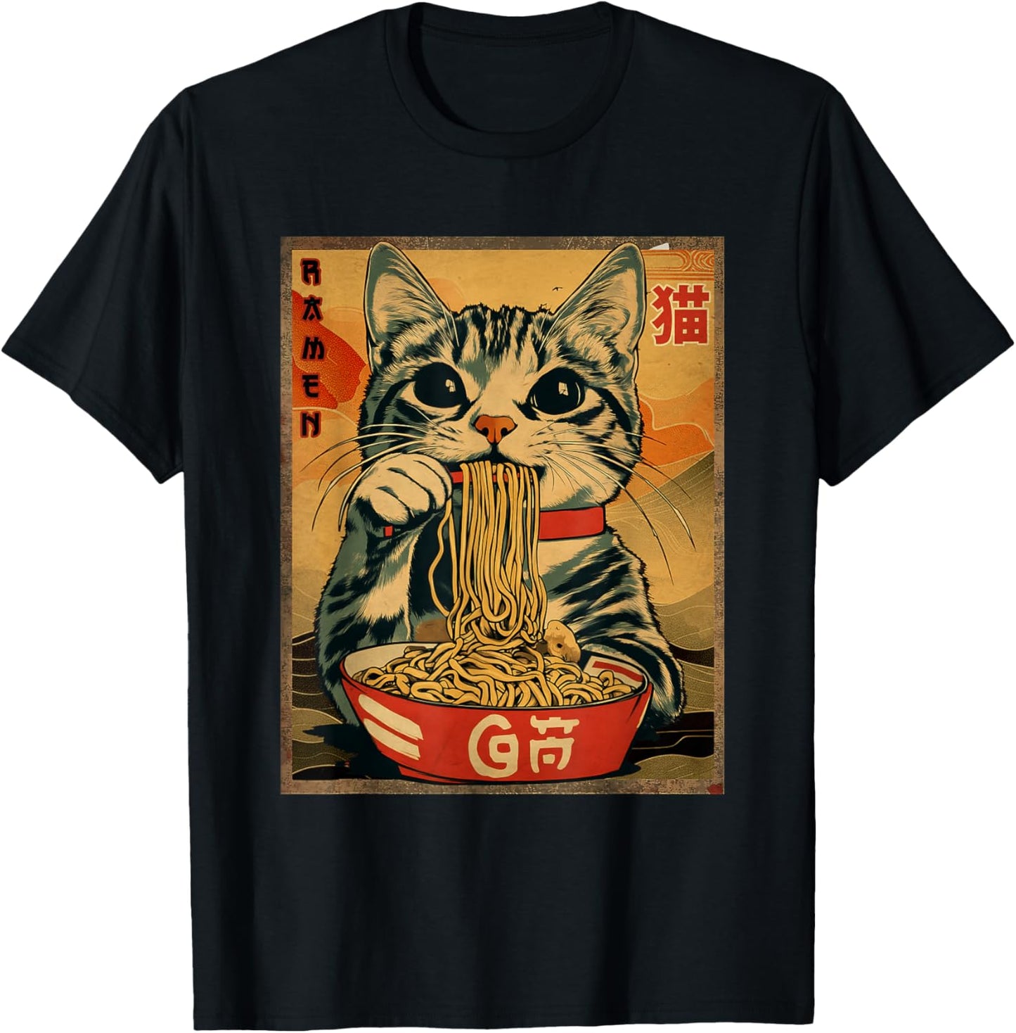 Anime Shirt For Men Women Kids Cat Ramen Noodles Unisex-Adults Unisex-Kids Black Short Sleeve V-Neck T-Shirt Cat Ramen Japanese Funny Graphic Tees Kawaii Cat Anime Gifts