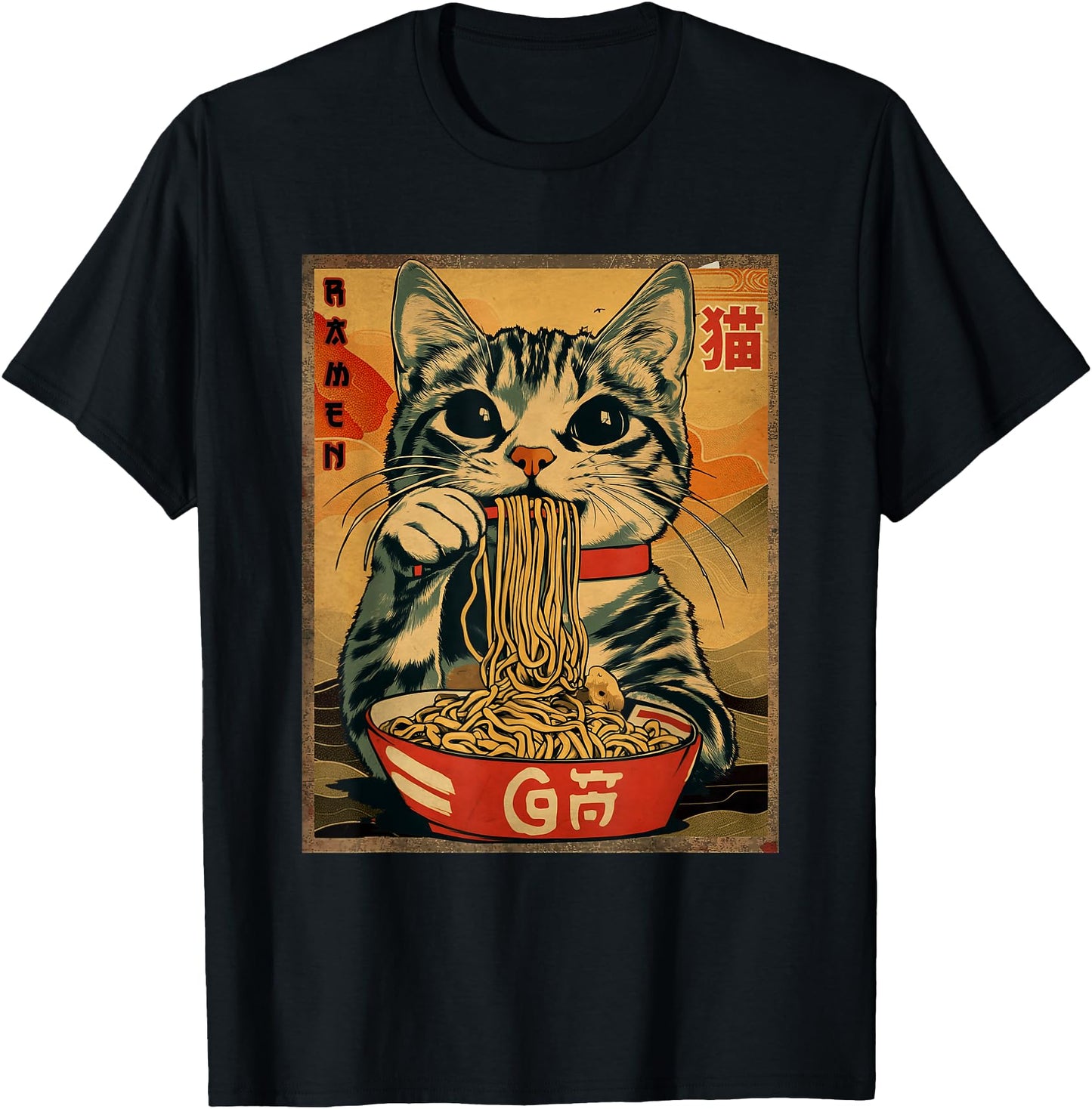 Anime Shirt For Men Women Cat Ramen Noodles Unisex-Adults Unisex-Kids Black Short Sleeve V-Neck T-Shirt Cat Ramen Japanese Funny Graphic Tees Kawaii Cat Anime Gifts
