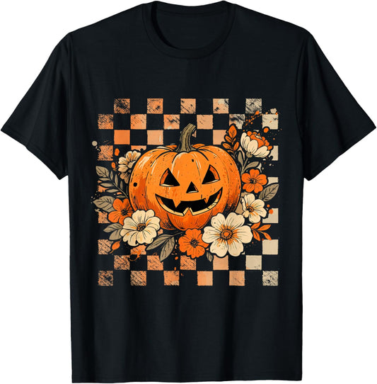 Checkered Halloween Pumpkin Floral Spooky Season Scary Face T-Shirt