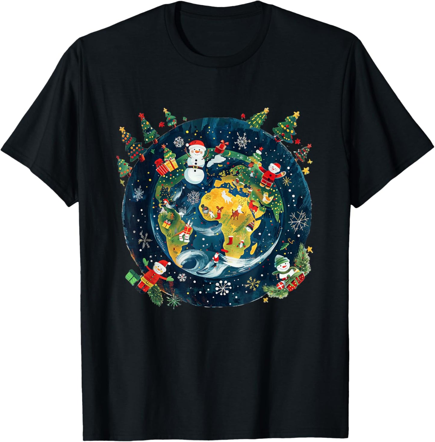 Global Xmas Celebration Apparel Unisex-Adults Christmas T-Shirt, Black, Small, Short Sleeve, Modern, Winter, Christmas Around the World Festive Winter Earth Design