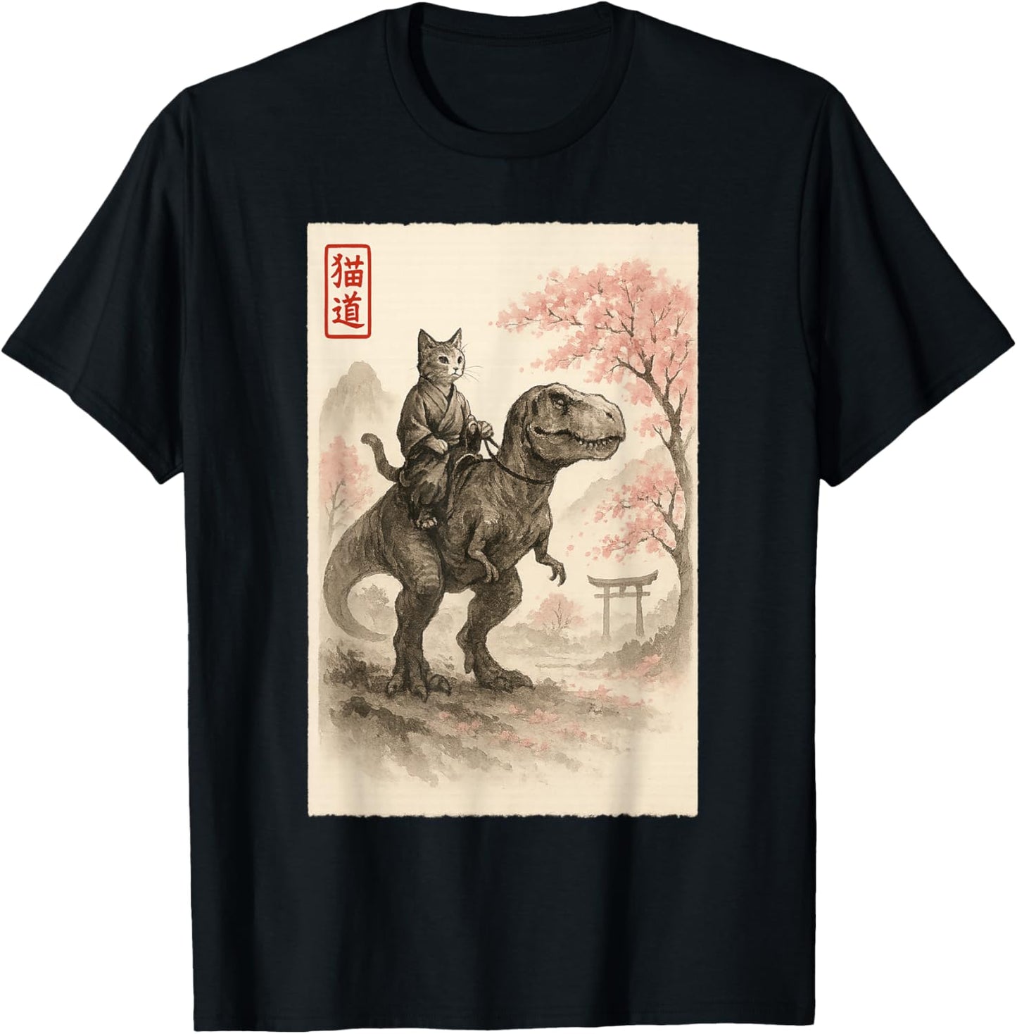 Funny Sumi-e Kawaii Cat Riding Dinosaur Japanese Art