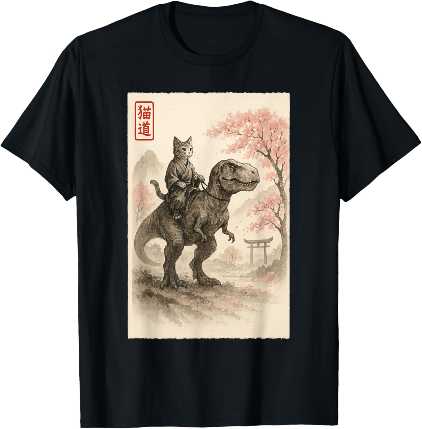 Funny Sumi-e Kawaii Cat Riding Dinosaur Japanese Art