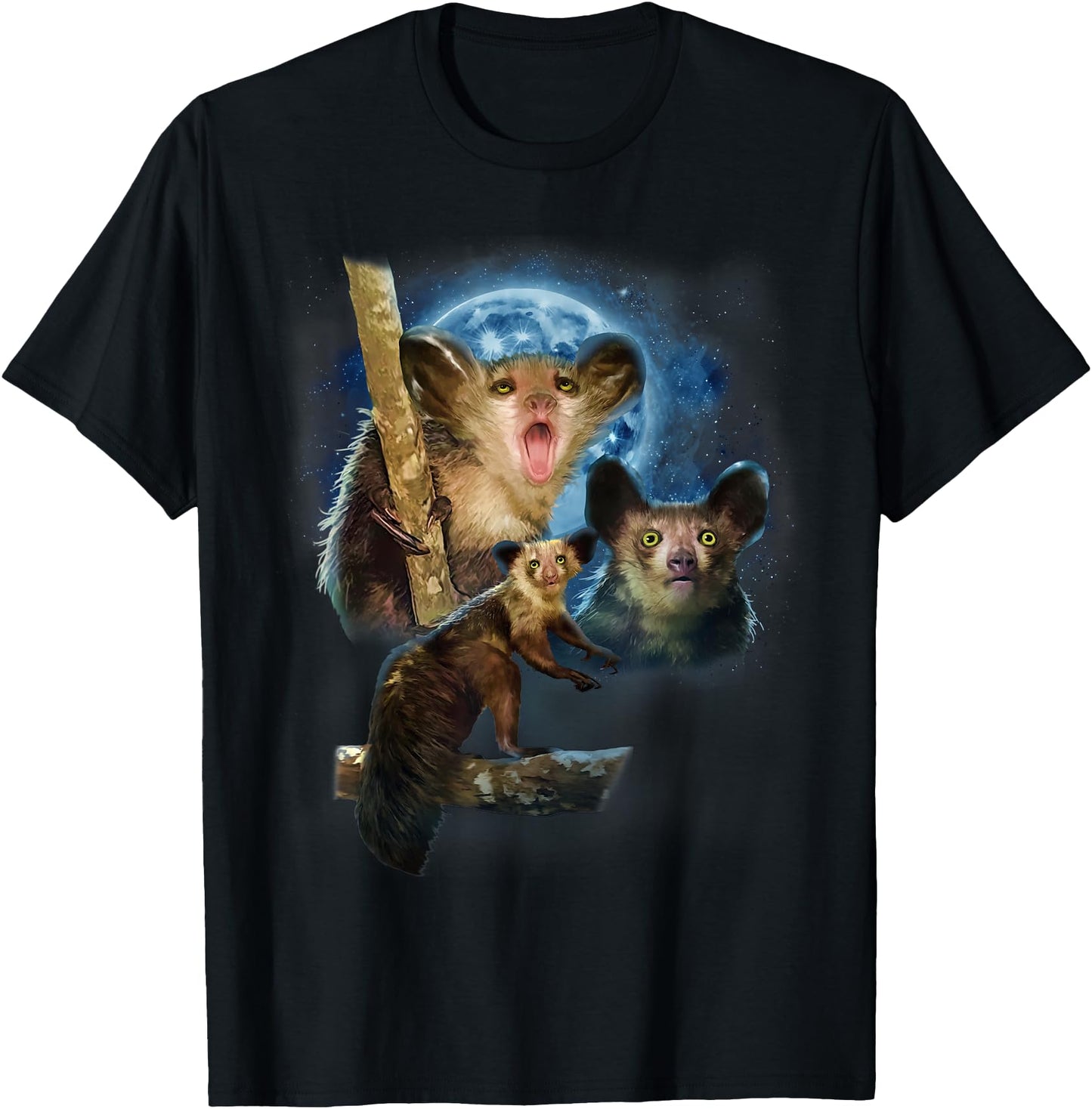 Howling at The Moon Shirt and Apparel Co. Aye-Aye Lemur T-Shirt - Black, Unisex-Adults, - Short Sleeve, Modern, Cartoon, Animal-Themed Shirts