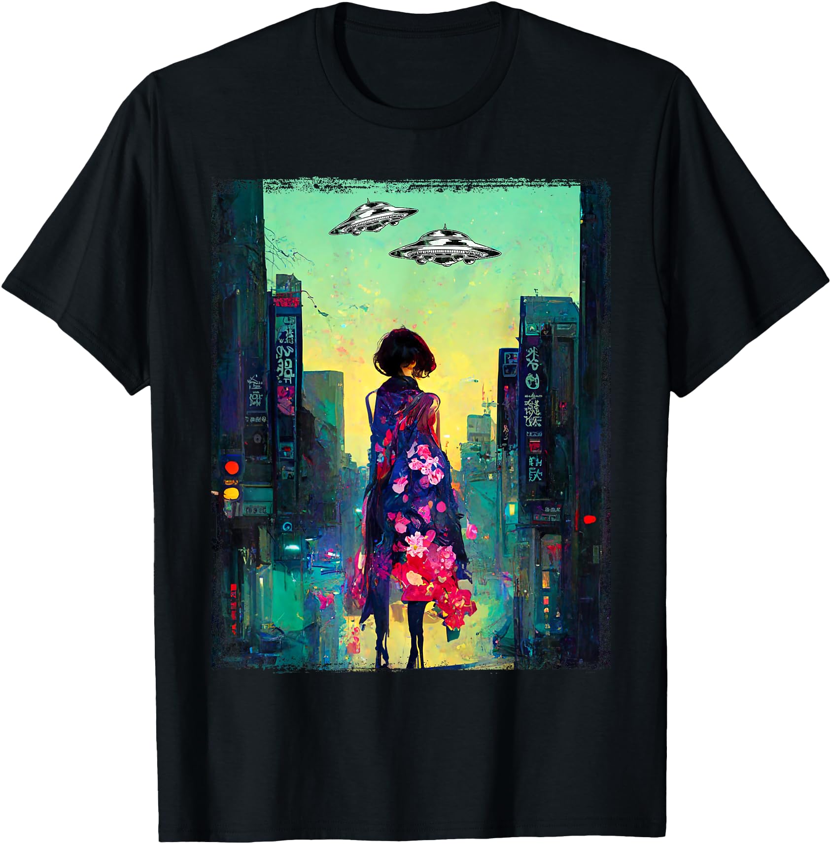 Japanese Girl Walks Cyberpunk City UFO Futuristic Costume T-Shirt Black