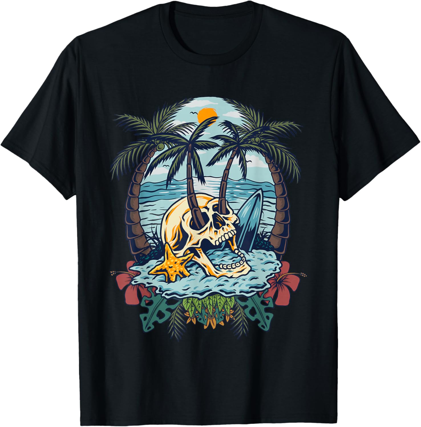 Vintage Palm Tree Skull Summer Beach Men Motorcycle Tattoo