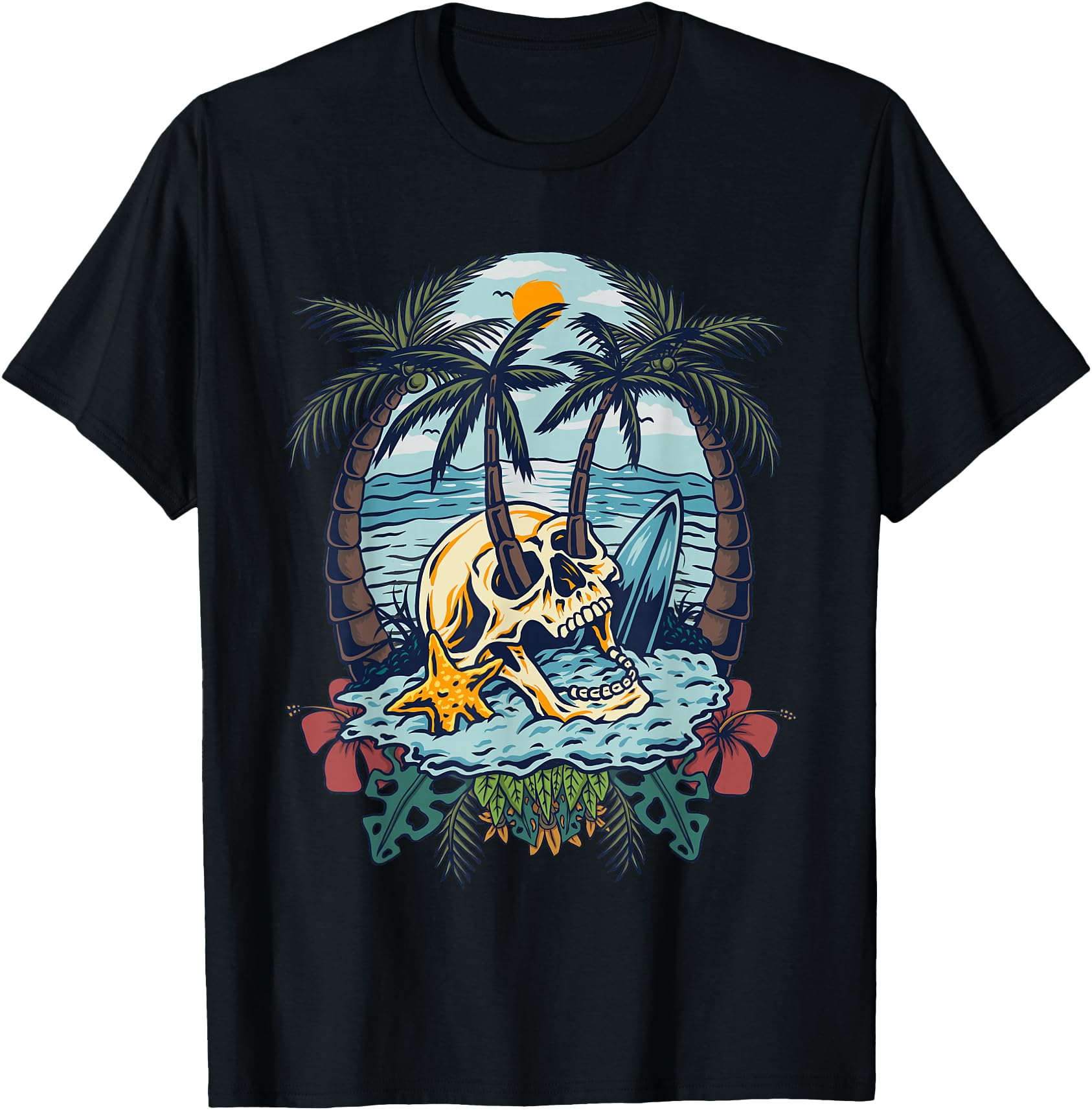Vintage Palm Tree Skull Summer Beach Men Motorcycle Tattoo