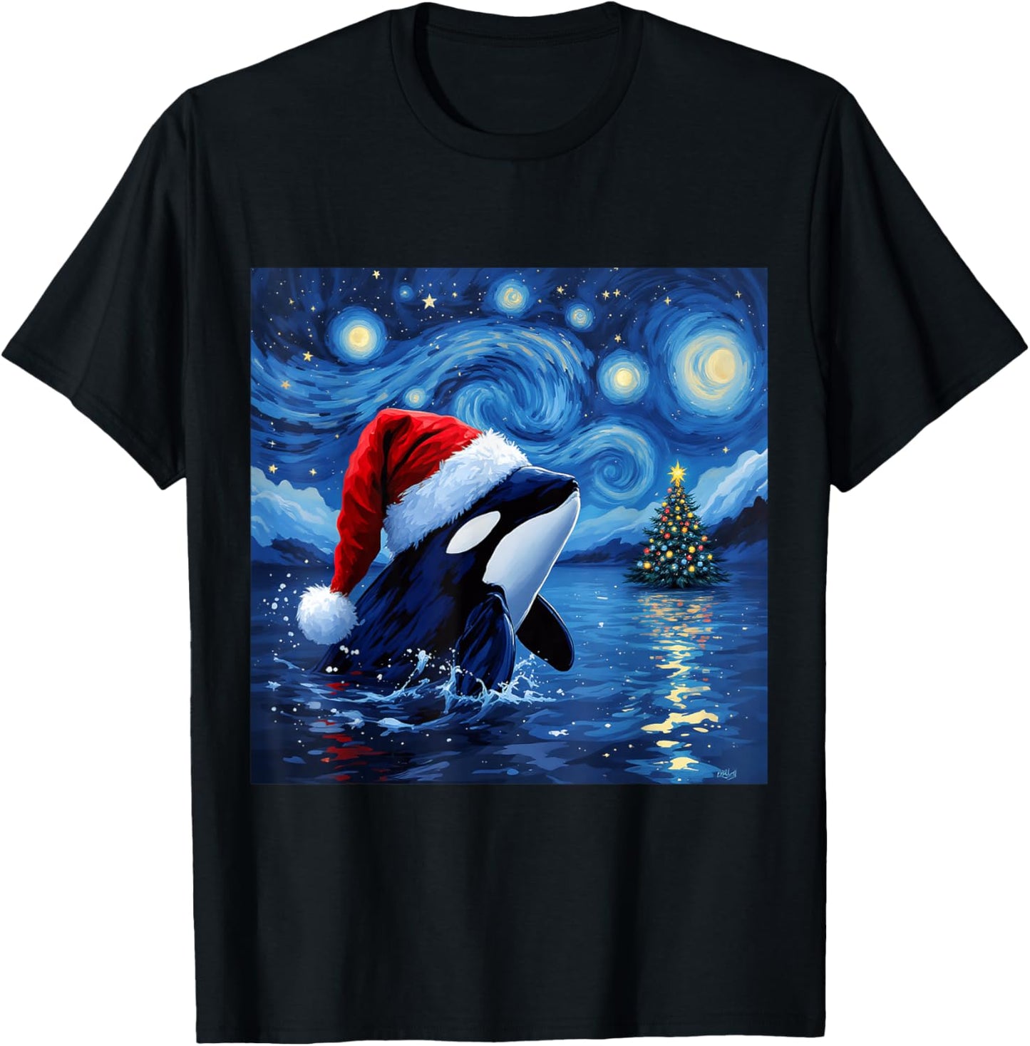 Christmas Orca Santa Hat Van Gogh Starry Night Holiday T-Shirt