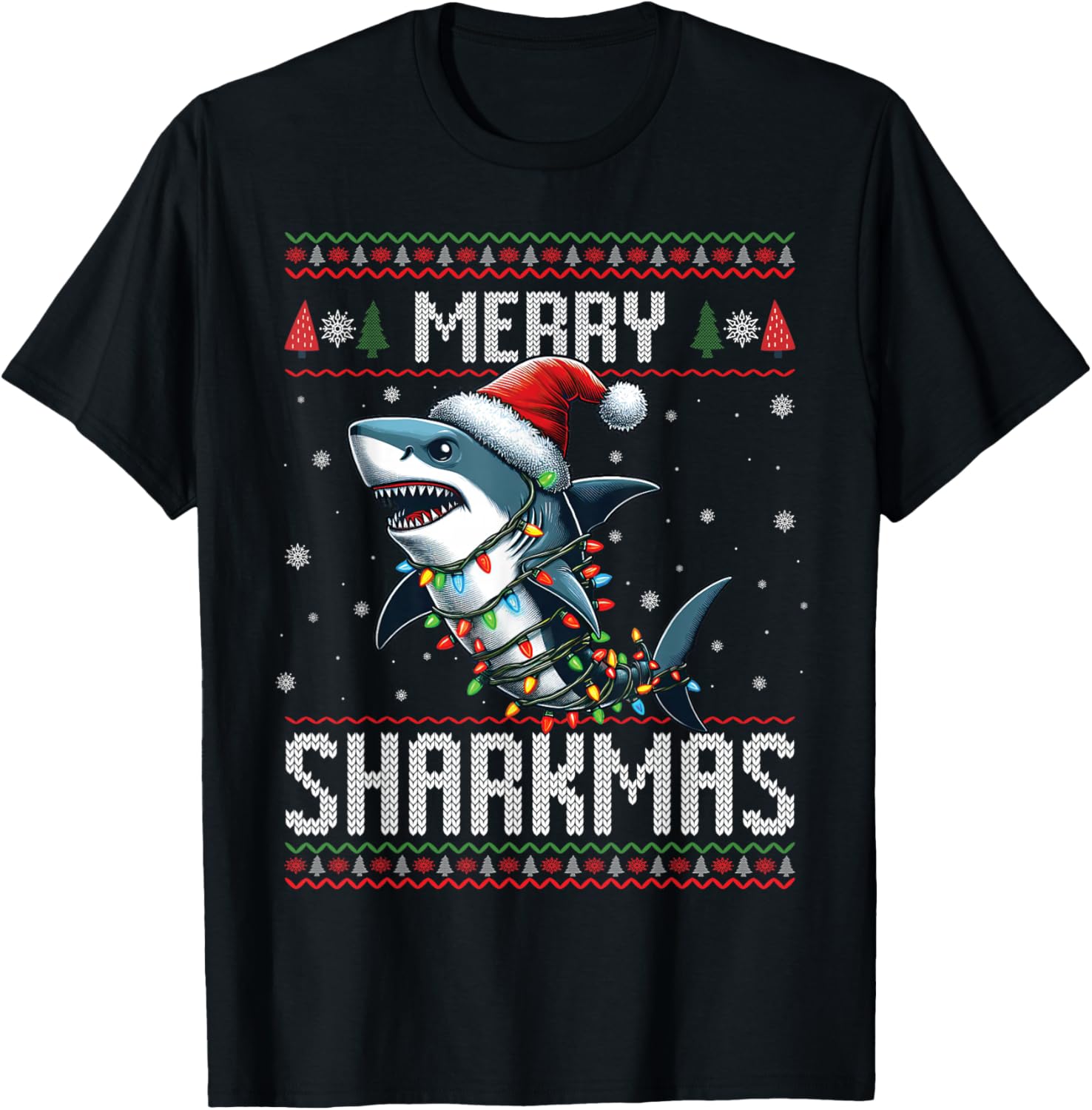 Merry Sharkmas Shark Ugly Christmas Lights Xmas Snowflakes