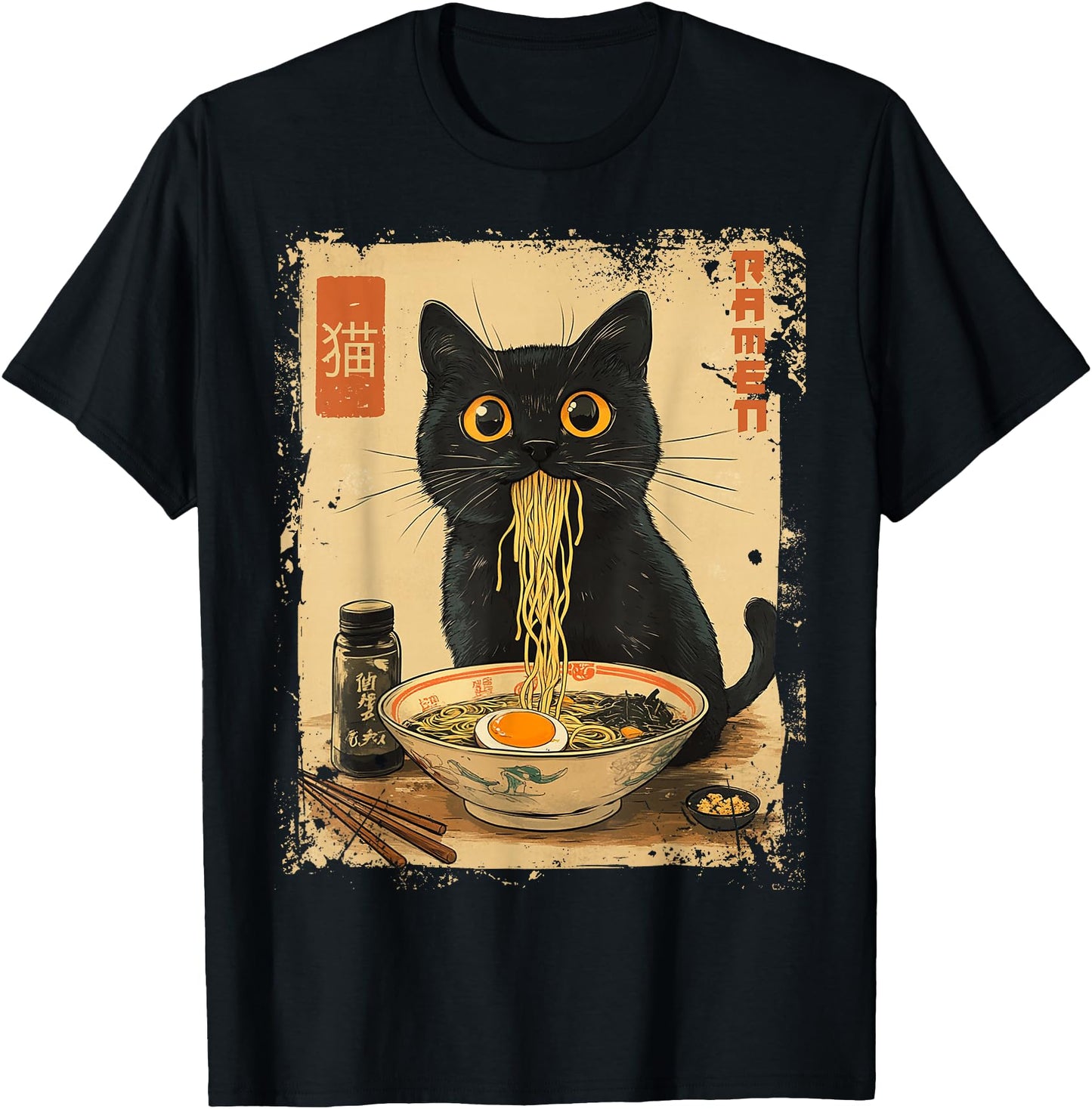 Dirhame Funny Japanese Cat Ramen Anime Kawaii Cat Eating Ramen Noodles T-Shirt, Unisex-Adults, Anime Fans, Girls, Young Females, Black, Small, Short Sleeve,