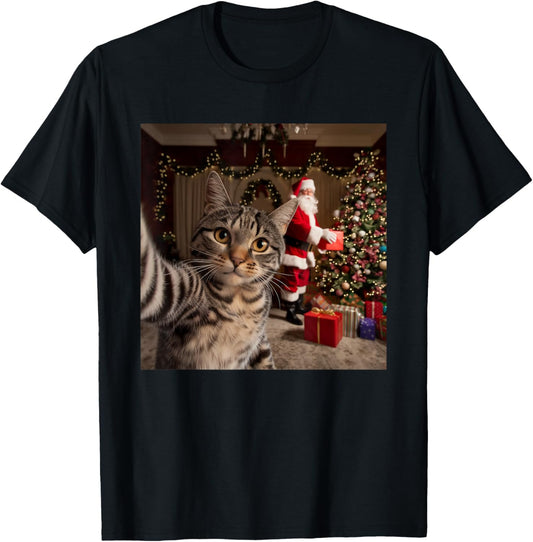 Christmas Cat Selfie with Santa Claus Cute Holiday Photo T-Shirt for Men Women Kids