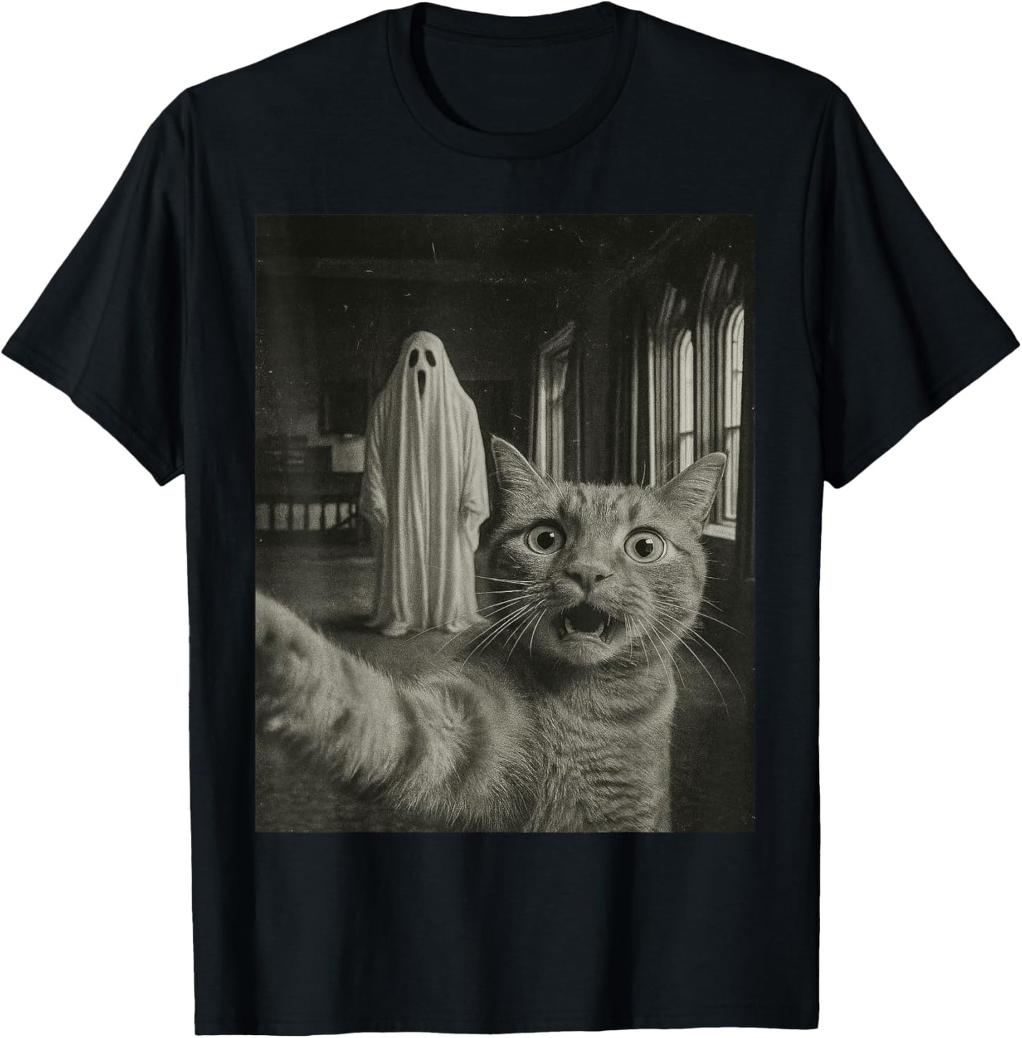 Haunted House Ghost Vintage Photo Funny Tabby Cat Halloween