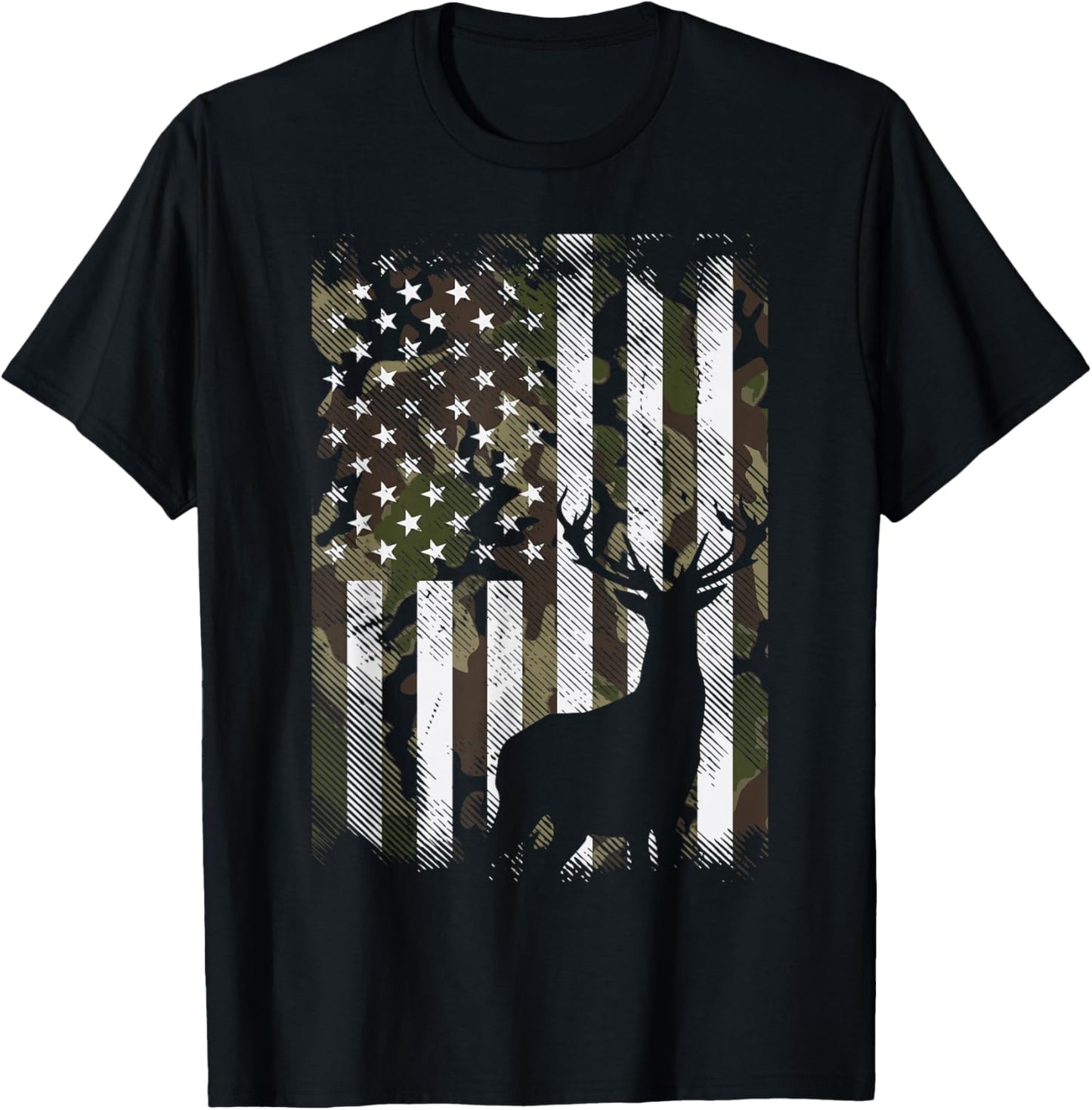 Camo US Flag Deer Elk Buck Camoflage Hunting Hunter Dad Gift Short Sleeve